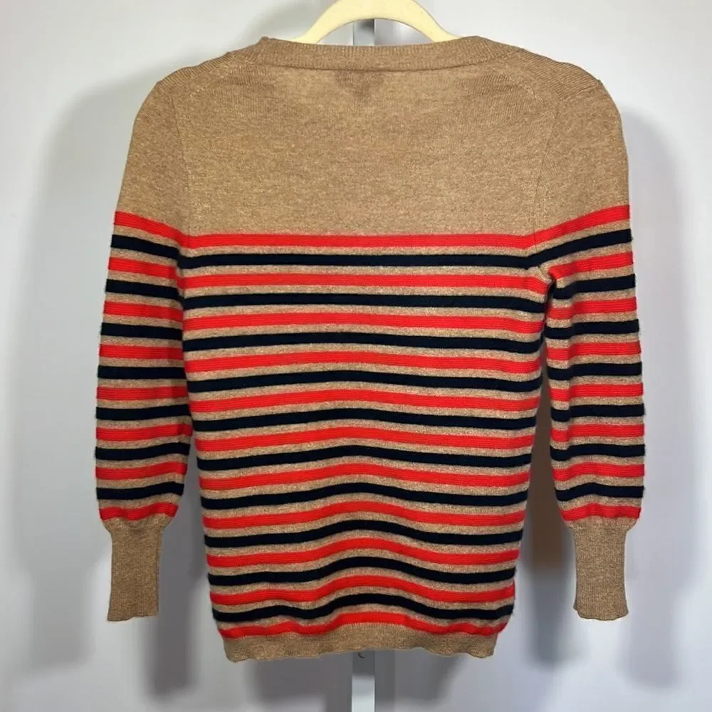J. CREW Women’s Striped Crew Neck Cashmere Sweater Tan/Red/Blue Extra Small